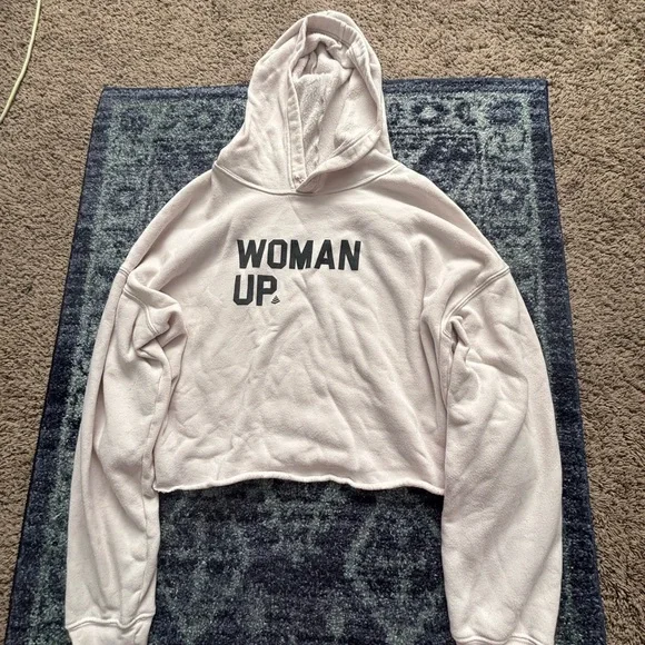 Women's Cream 'Woman Up' Cropped Hoodie - Picture 1 of 3